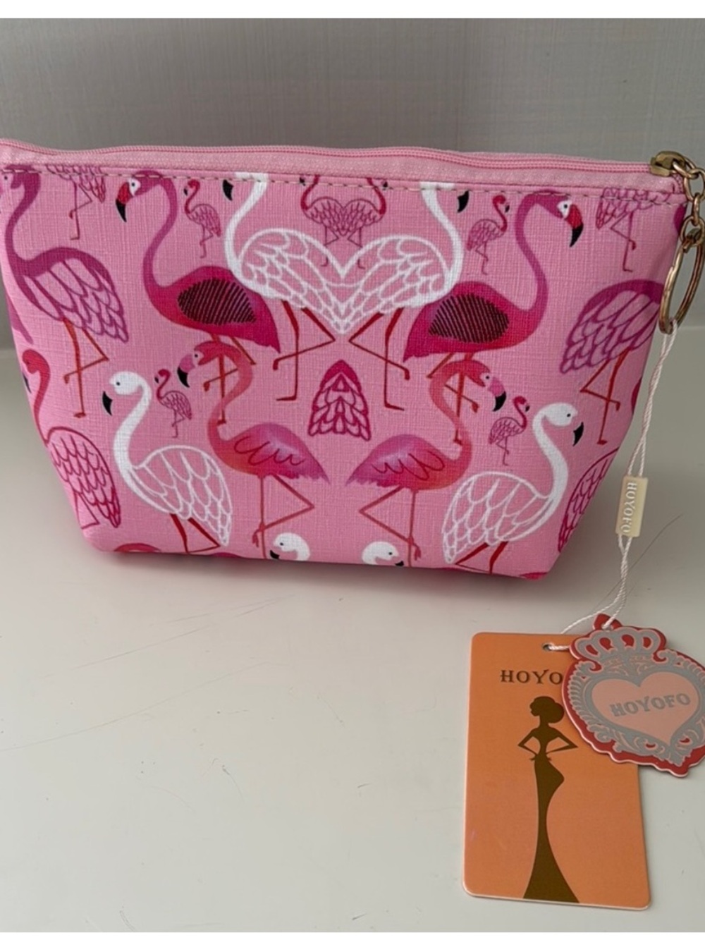 Hoyofo Pink Flamingo Print Waterproof Zip Top Cosmetic Bag Travel Bag Clutch